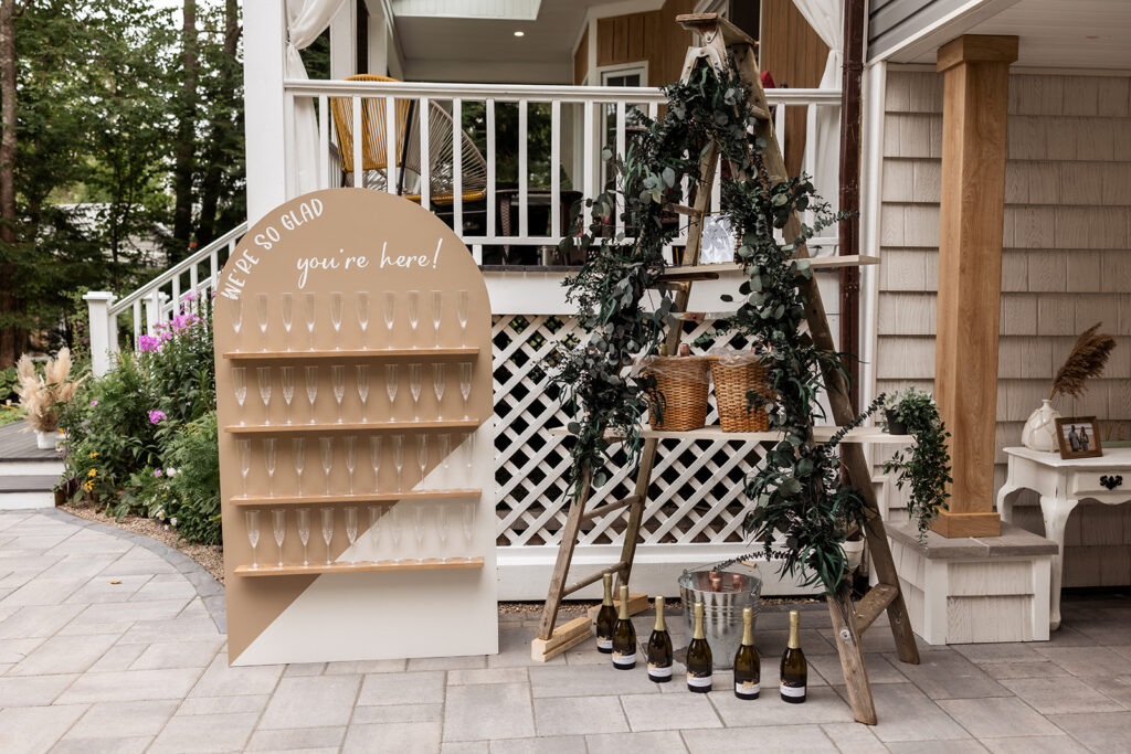 champagne wall and vintage ladder for wedding decorations